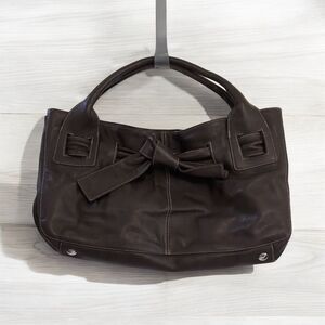Perlina Women's Brown Leather Satchel Bag with Bow Detail Medium Size